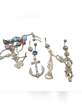 Silver-Tone Multi-Style Belly Rings Set Blue Anchor & Crystal Charms Mixed LOT